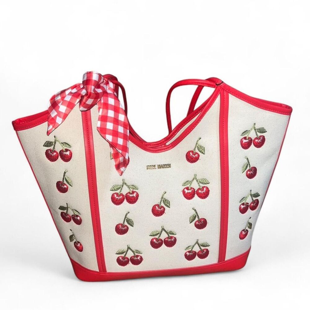 Steve Madden Women's B Proud Large Embroidered Cherry Canvas Tote Bag NWT